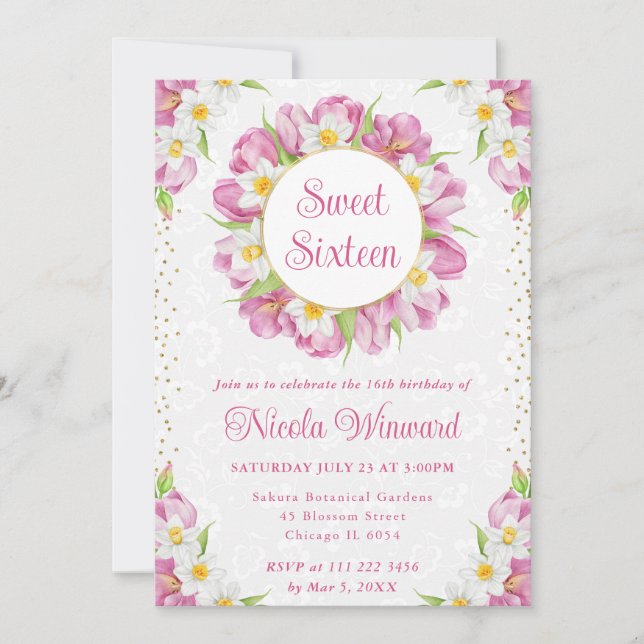 Invitation Tulipes d'aquarelle et Sweet sixteen de jonquilles (Devant)