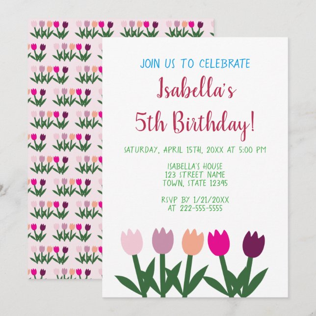 Invitation Tulipes de dessin animé mignon rose et violet pour (Devant / Derrière)