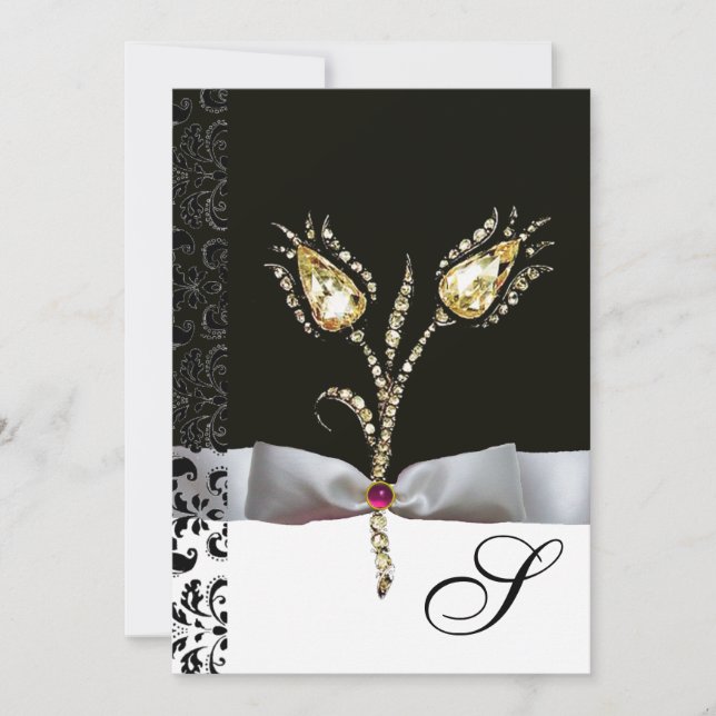 Invitation TULIPES DIAMANT , Monogramme Damassé Rose Noir Bla (Devant)