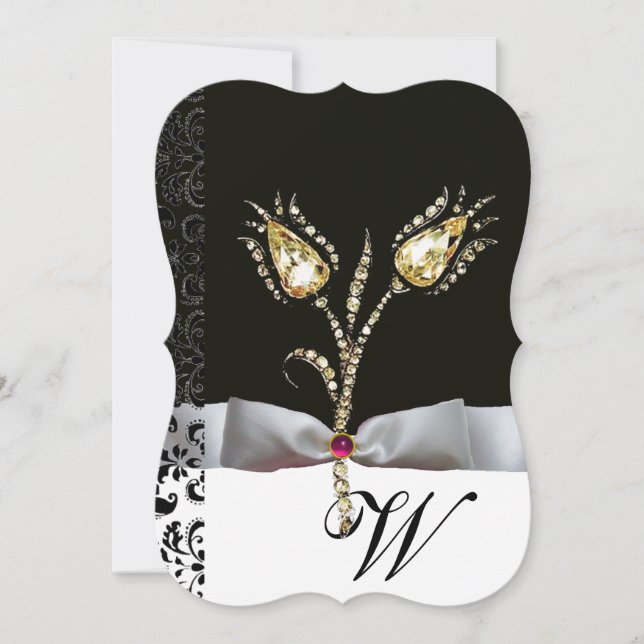 Invitation TULIPES DIAMANT , Monogramme Damassé Rose Noir Bla (Devant)