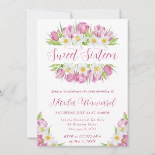 Invitation Tulipes et jonquilles à l'aquarelle Cadre Sweet 16