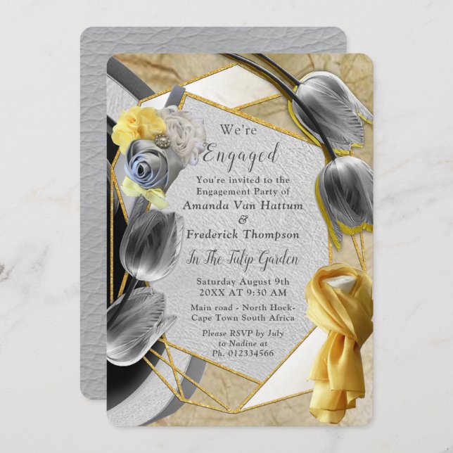 Invitation Tulipes gris et jaune sur la texture. (Devant / Derrière)