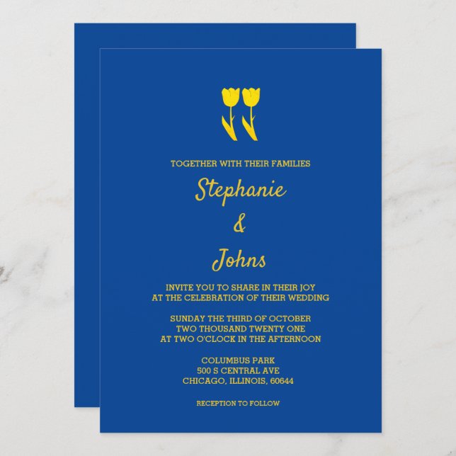 Invitation Tulipes jaunes dorées bleu profond Mariage floral (Devant / Derrière)