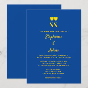 Invitation Tulipes jaunes dorées bleu profond Mariage floral