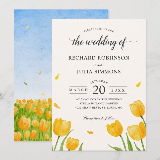 Invitation Tulipes Jaunes Mariage d'aquarelle végétale (Devant / Derrière)