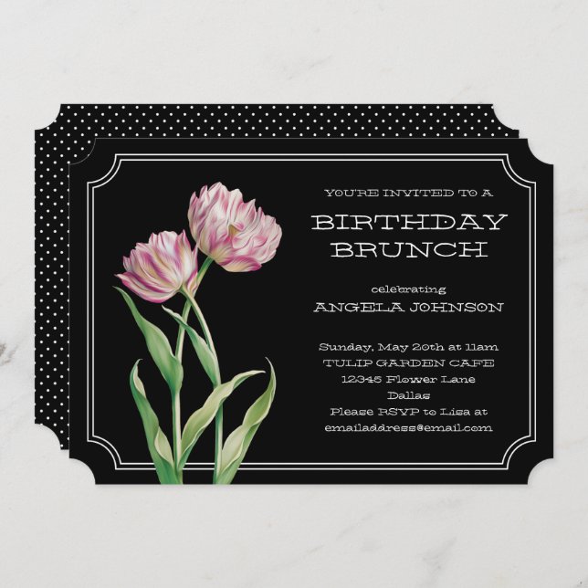 Invitation Tulipes peintes et Brunch d'anniversaire Pois (Devant / Derrière)