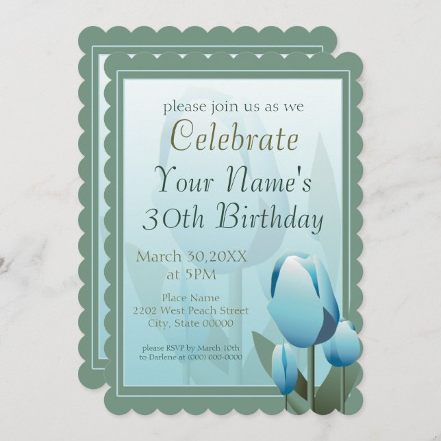 Invitation Tulipes Printemps Anniversaire Fête Turquoise (Devant / Derrière)