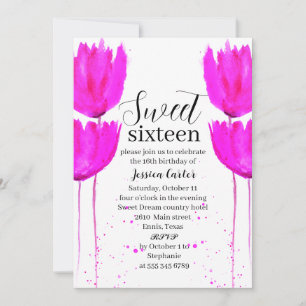 Invitation Tulipes rose aquarelle Floral Sweet 16 Seize