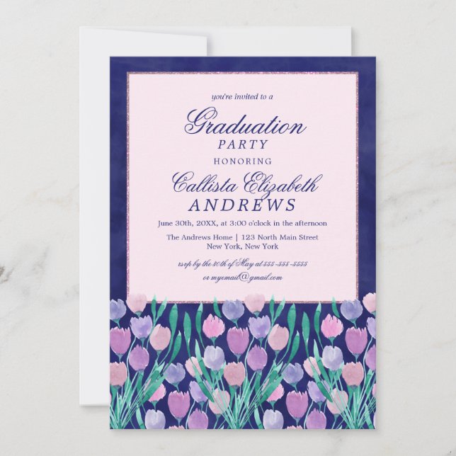 Invitation Tulipes roses bleues Aquarelle florale Graduation (Devant)