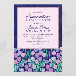 Invitation Tulipes roses bleues Aquarelle florale Quinceañera