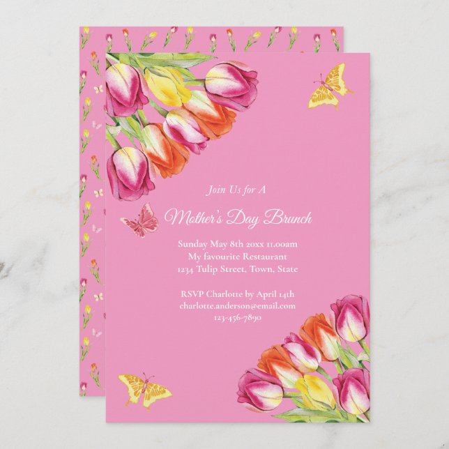 Invitation Tulipes roses et papillon Fête des mères Brunch ro (Devant / Derrière)