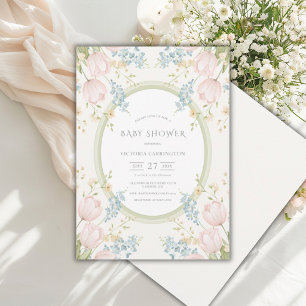 Invitation Tulipes roses Fleurs de sauge vertes Vintage Baby