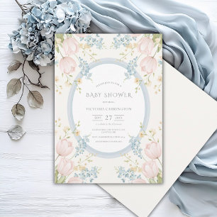 Invitation Tulipes roses Floral Bleu Vintage Baby Shower