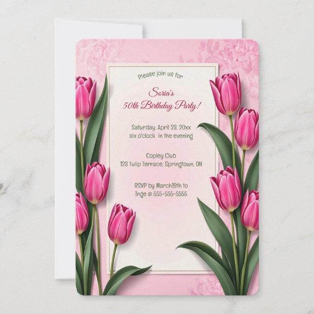 Invitation Tulipes roses modifiables (Devant)