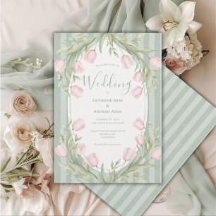 Invitation Tulipes roses rayure vert sauge Mariage vintage
