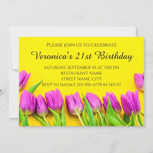 Invitation Tulipes roses sur fond jaune (Devant)
