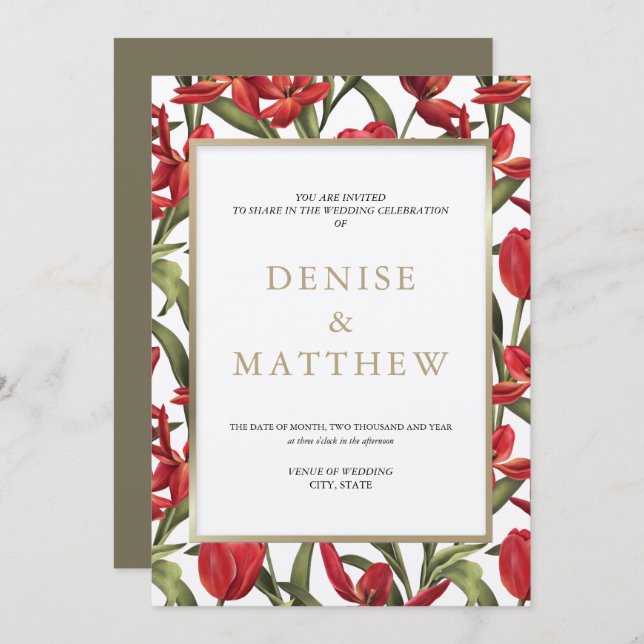 Invitation Tulipes Rouges Aquarelle Florale avec Lettres Doré (Devant / Derrière)