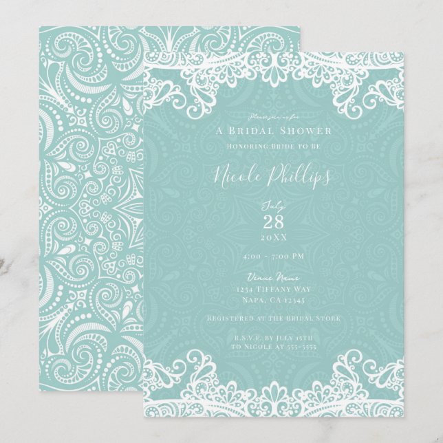 Invitation Tulle Blanc Turquoise Élégant pour Mariage Cérémon (Devant / Derrière)