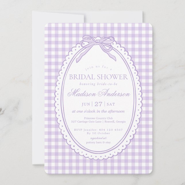 Invitation Tulle Gingham Coquette Nœud  Réception de Mariage (Devant)