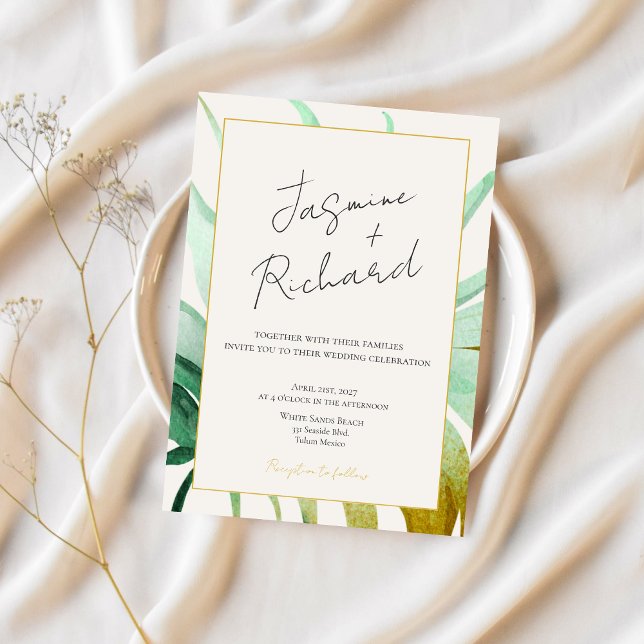 Invitation Tulum Watercolor Tropical Gold Palm Destination (Créateur téléchargé)