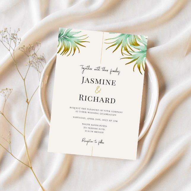 Invitation Tulum Watercolor Tropical Gold Palm Destination (Créateur téléchargé)