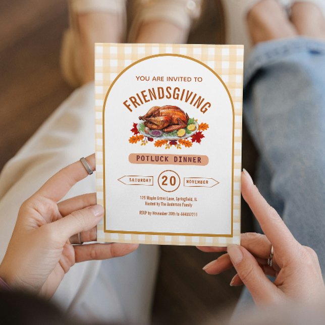 Invitation Turkey Thanksgiving Potluck Dinner Arch Gingham  (Rustic Turkey Thanksgiving Dinner Gingham Fall Invitation)