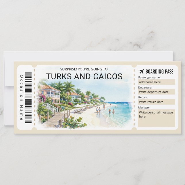 Invitation Turks and Caicos Trip Boarding Pass Ticket (Devant)
