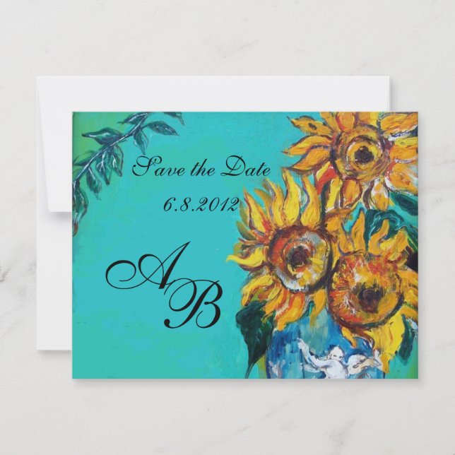INVITATION TURNESOLS EN BLEU TURQUOISE FÊTE D'ÉTÉ MONOGRAMME (Devant)