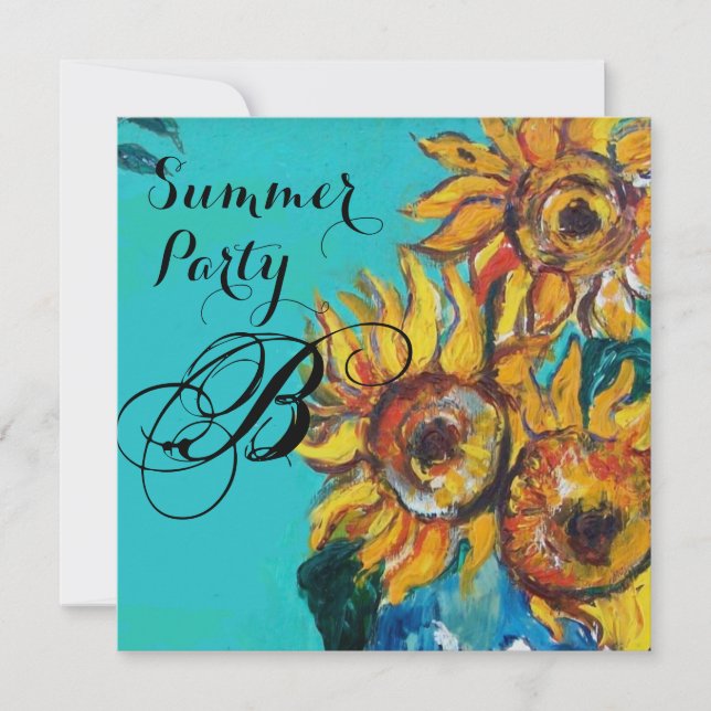 INVITATION TURNESOLS EN BLEU TURQUOISE FÊTE D'ÉTÉ MONOGRAMME (Devant)