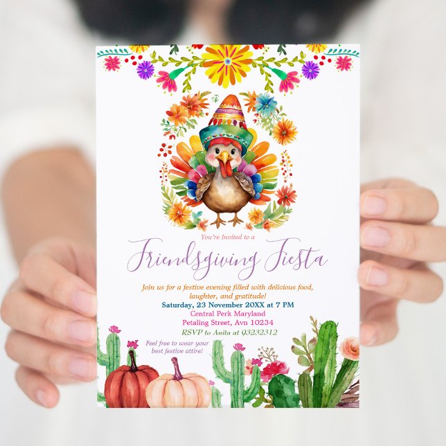 Invitation Turquie colorée Floral Cactus Friendsgiving Fiesta (Créateur téléchargé)