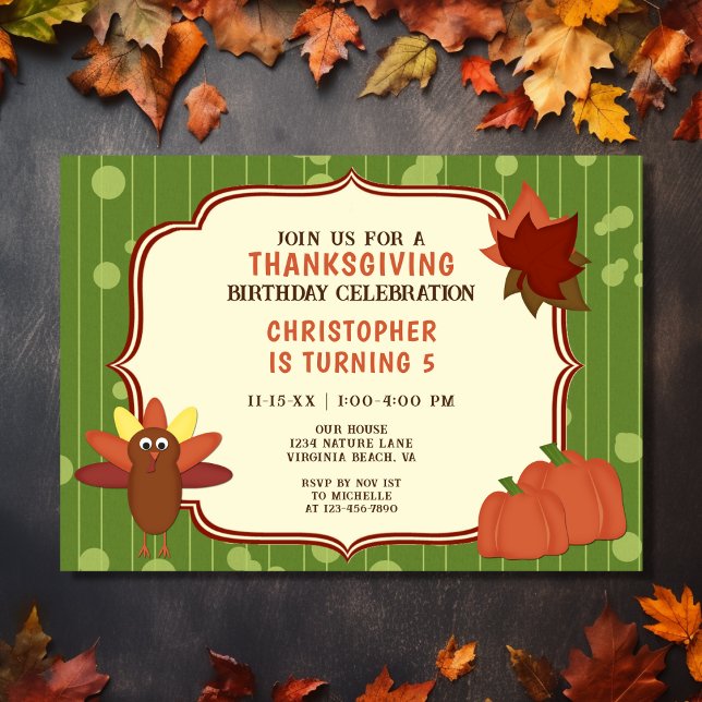Invitation Turquie mignonne et Citrouille Thanksgiving Annive (Front - Cute Turkey and Pumpkins Thanksgiving Birthday Invitation)