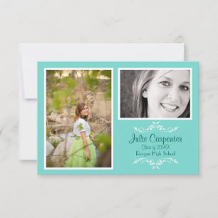 Invitation Turquoise 2 Photo Collage Simple -3x5 Grad Annonce