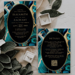 Invitation Turquoise Agate Gold Oval Frame QR Code Mariage