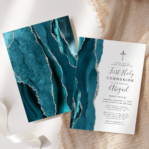 Invitation Turquoise Agate Parties scintillant Argent Premièr