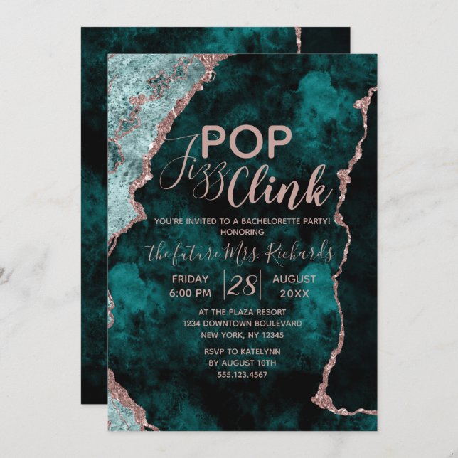 Invitation Turquoise Agate Pop Fizz Clink Bachelorette (Devant / Derrière)