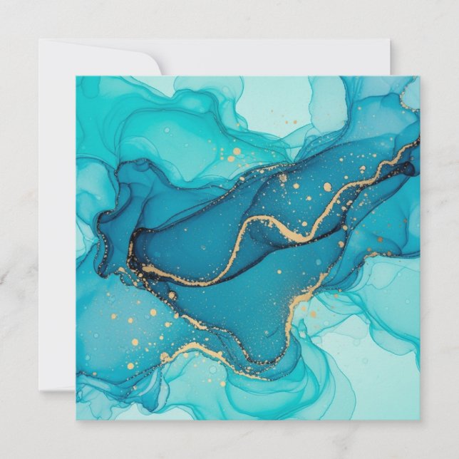 Invitation Turquoise and Teal Alcohol Ink Abstract with Gold  (Devant)