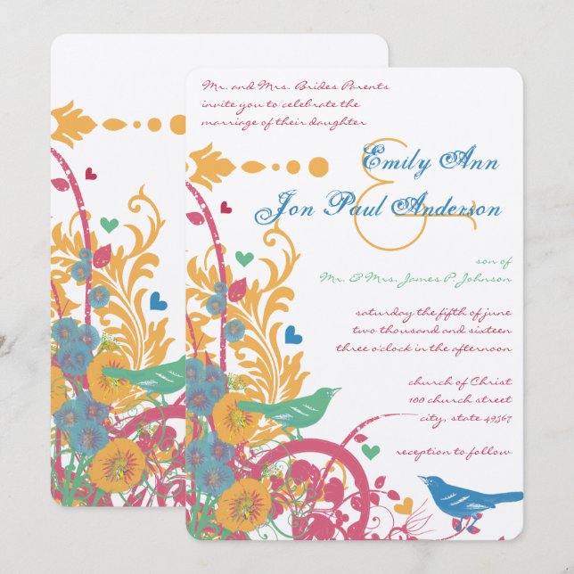 Invitation Turquoise Aqua Beeswax Raspberry Green Lovebird Ma (Devant / Derrière)