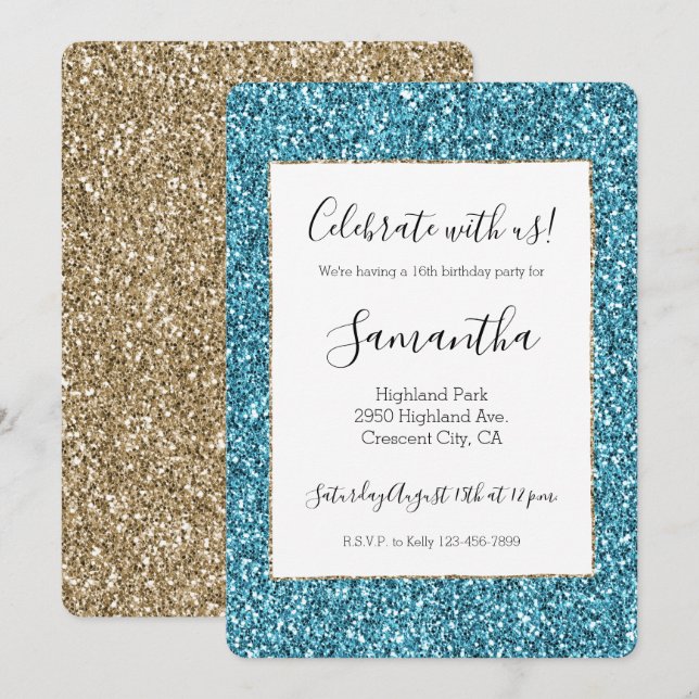 Invitation Turquoise Aqua Blue Gold Parties scintillant (Devant / Derrière)