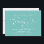 Invitation Turquoise | Aqua Blue minimaliste 21e anniversaire<br><div class="desc">Invitations modernes de 21ème anniversaire avec "vingt un" dans un script manuscrit. Design simple,  texte seulement avec police blanche sur arrière - plan bleu-vert vibrant.</div>