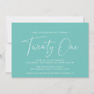 Invitation Turquoise   Aqua Blue minimaliste 21e anniversaire