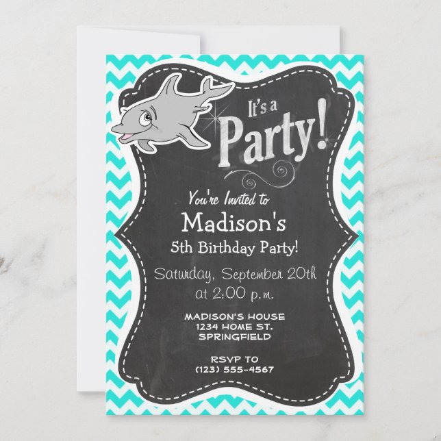 Invitation Turquoise, Aqua Color Chevron; Dauphin (Devant)