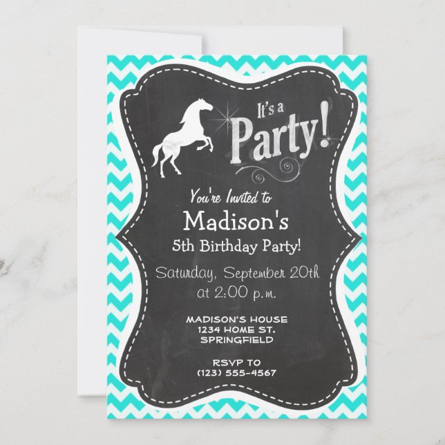 Invitation Turquoise, Aqua Color Chevron; Equestre (Devant)