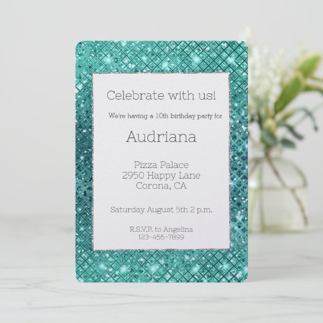 Invitation Turquoise Aqua Green Sparkday (Debout devant)