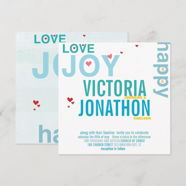Invitation Turquoise Aqua Red Heart Mariage de typographie mo (Devant / Derrière)