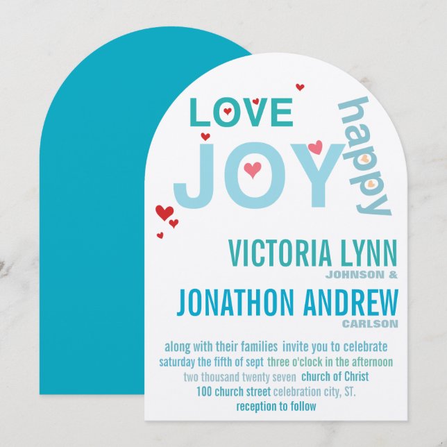 Invitation Turquoise Aqua Red Heart Mariage de typographie mo (Devant / Derrière)