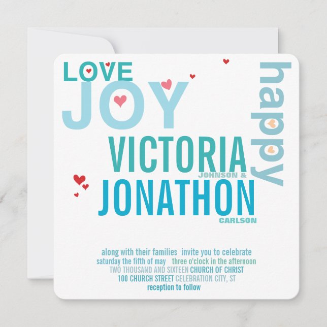 Invitation Turquoise Aqua Red Heart Mariage de typographie mo (Devant)