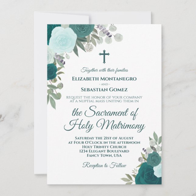 Invitation Turquoise & Aqua Roses Mariage catholique moderne (Devant)