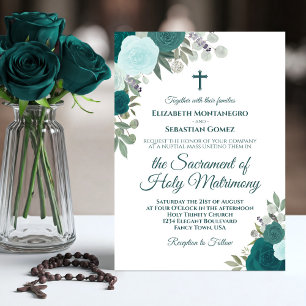 Invitation Turquoise & Aqua Roses Mariage catholique moderne