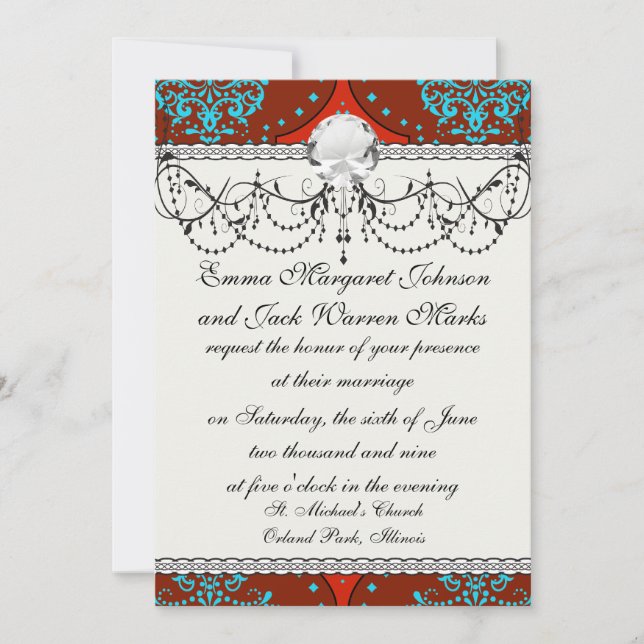 Invitation turquoise aqua rouge henné blanc damask (Devant)