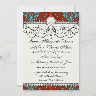 Invitation turquoise aqua rouge henné blanc damask